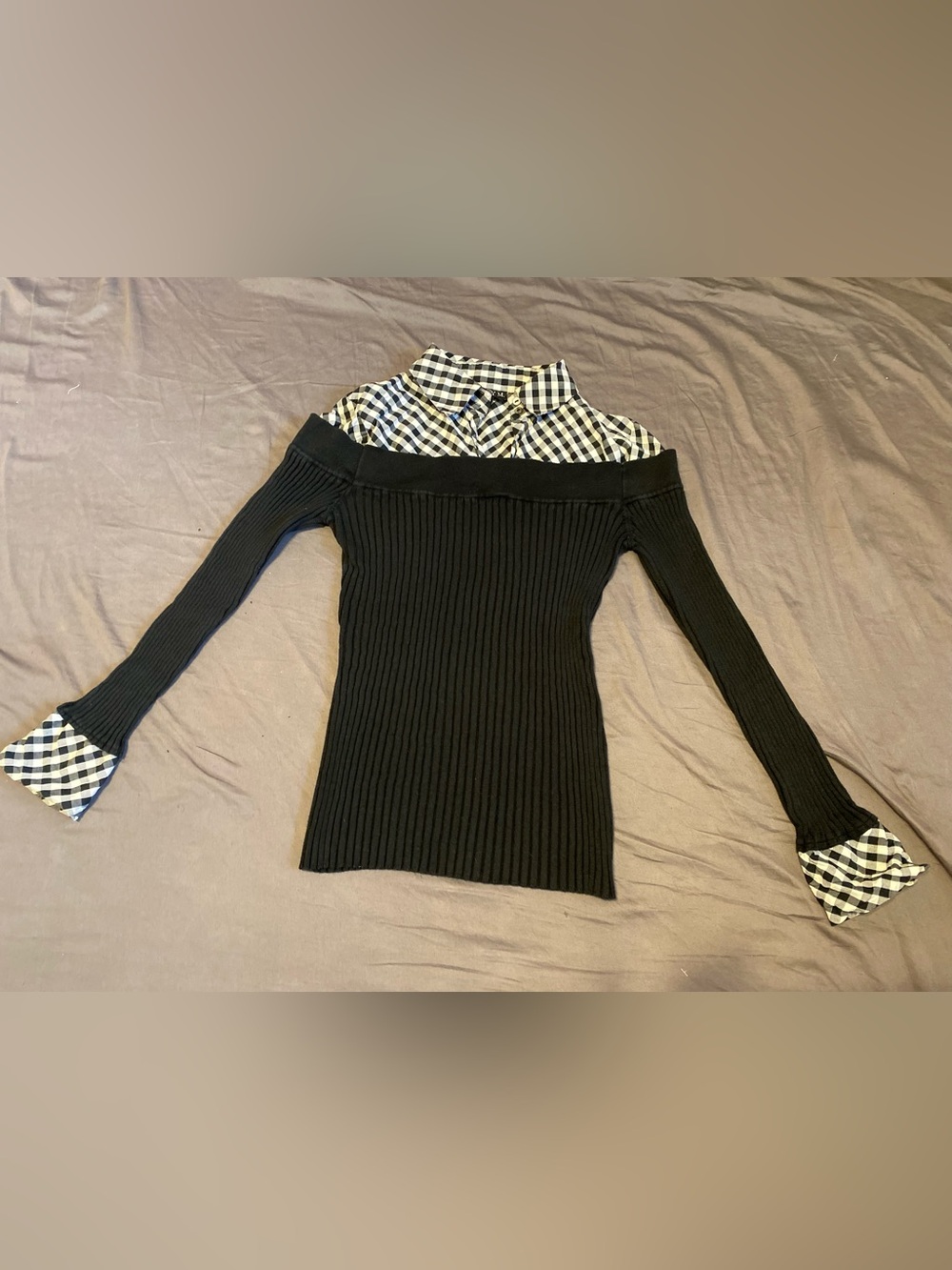 Tracy M. black white plaid off the shoulder ribbed sweater, size large